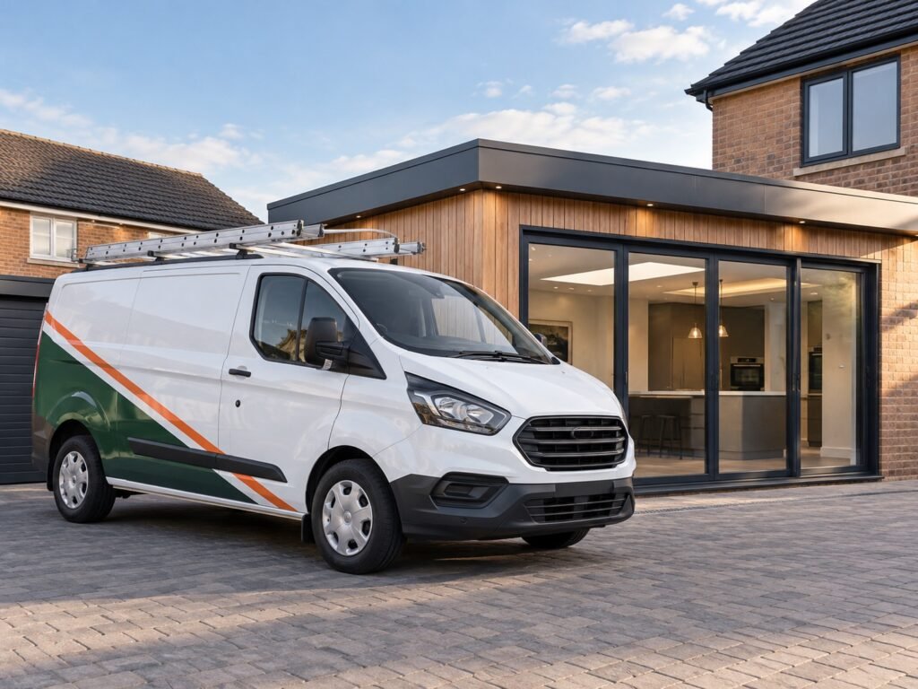 Contractor branding mockup with van livery, workwear and business cards
