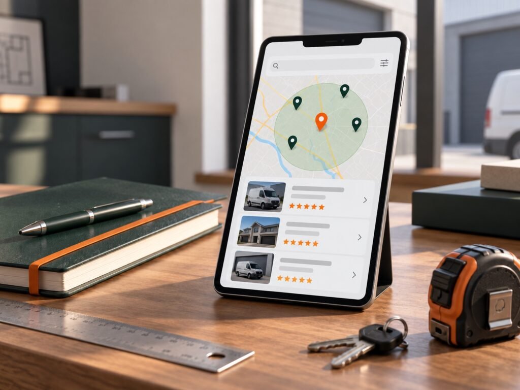 Contractor website design shown on a laptop beside building plans and trade tools