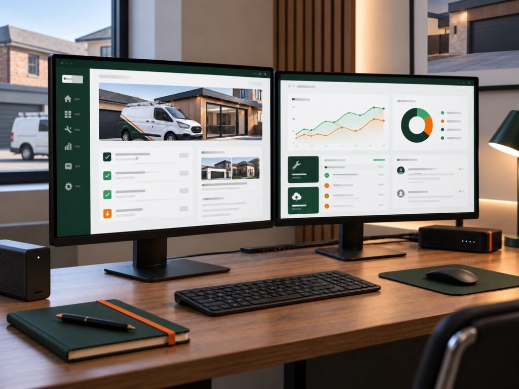 Contractor website support dashboard showing analytics on a dual-monitor desk setup