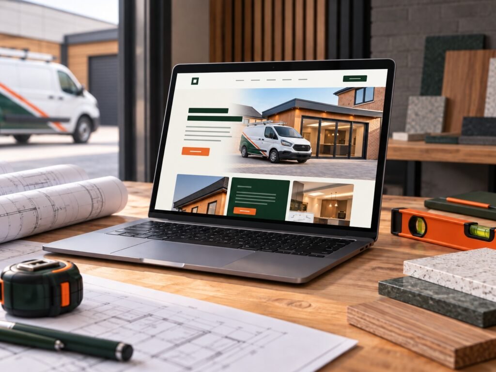 Branded contractor van parked outside a modern UK home extension